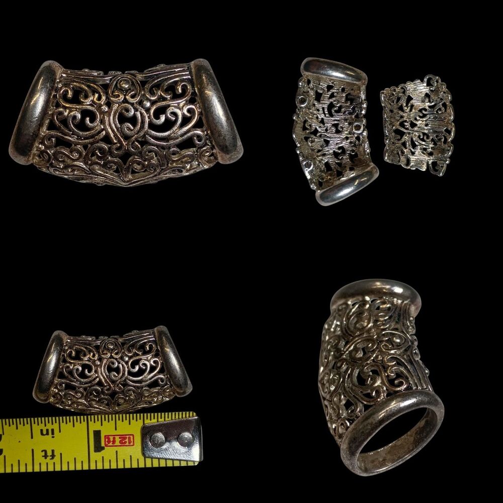 Vintage 2pc Silver Filigree Scarf Clip Bali Slide Tube Pendant Retro Estate
